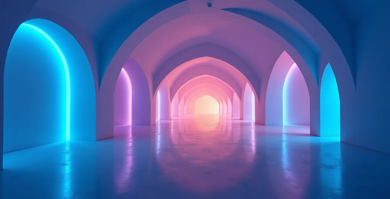 Espace futuriste baigné de lumières colorées créant une atmosphère cosmique