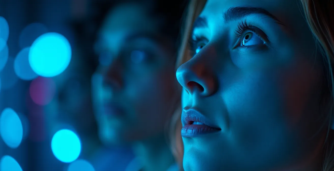 Visage concentré d'un participant éclairé par des reflets lumineux bleutés