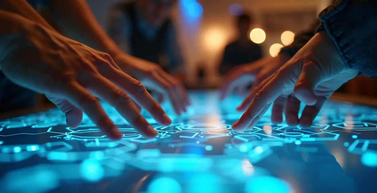 Mains de différentes personnes posées sur une surface interactive lumineuse