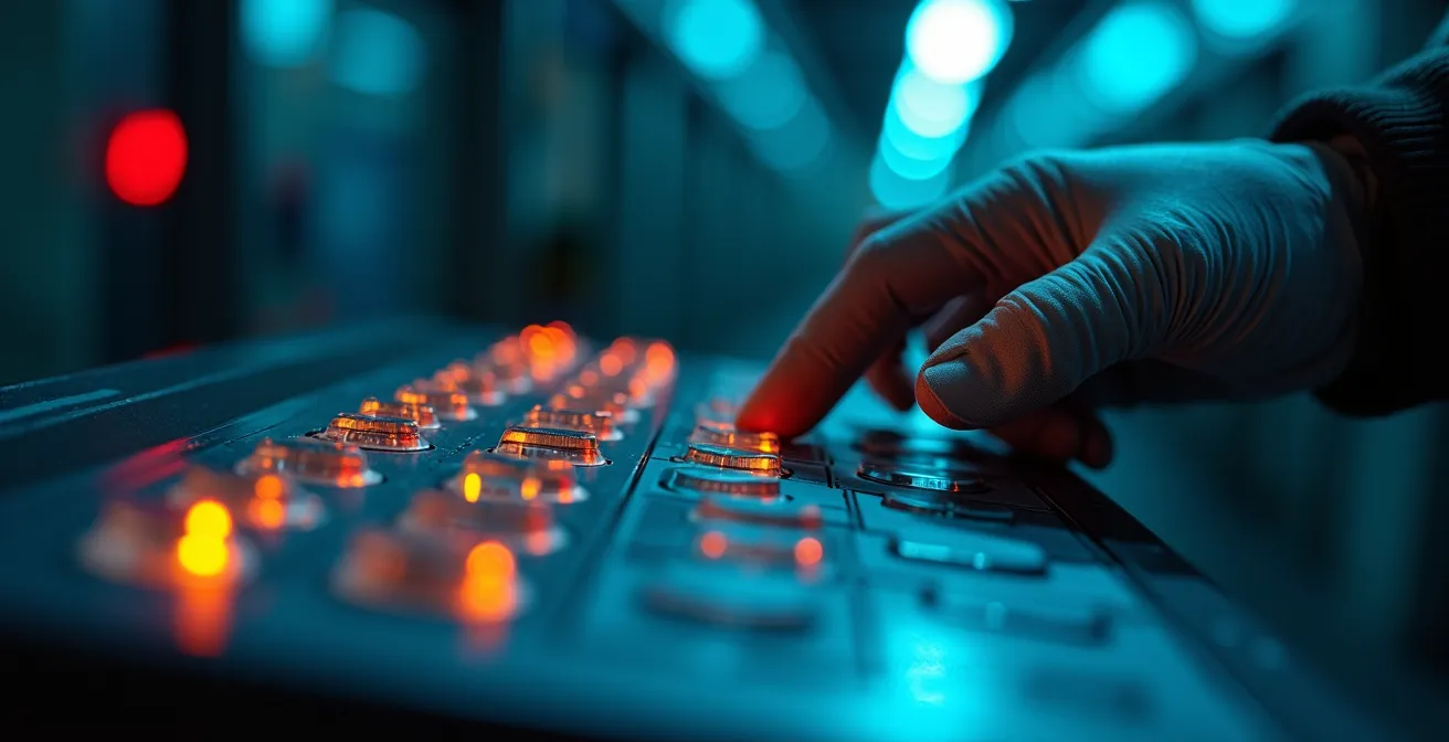 Mains gantées manipulant un panneau de contrôle métallique dans une atmosphère futuriste