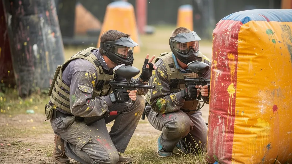 Joueurs de paintball en action stratégique derrière un obstacle