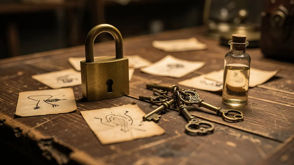 Détails de décor escape game immersif avec objets énigmatiques vintage