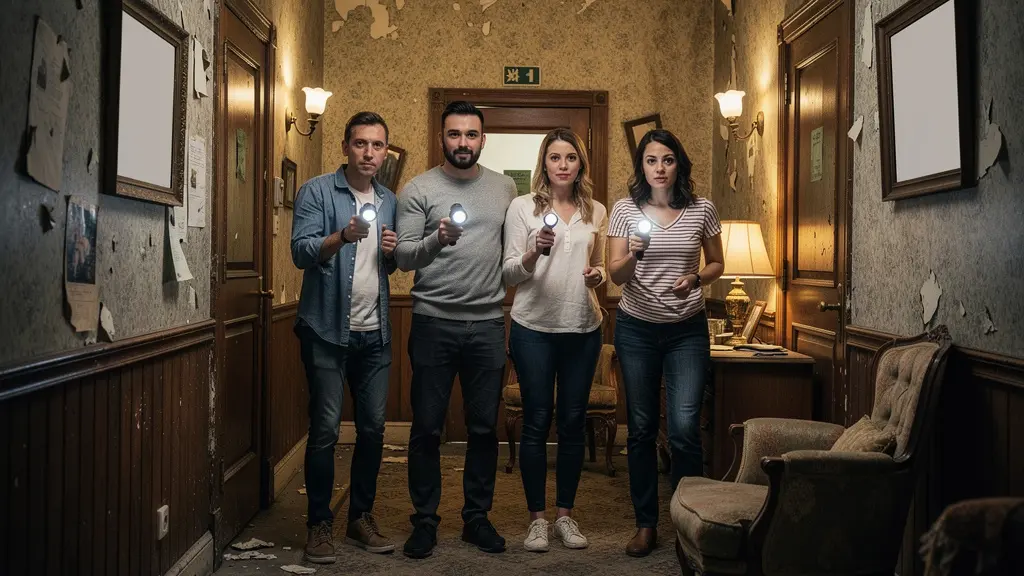Groupe explorant un décor d'escape game immersif à Bordeaux avec lampes torches