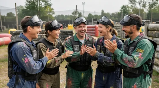 Groupe d'adultes en tenue de paintball partageant un moment de joie après une session