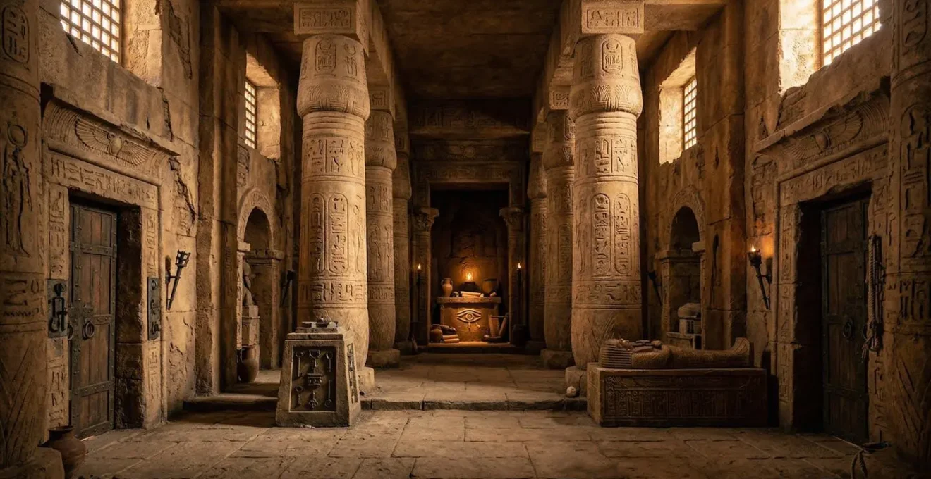 Vue d'ensemble d'un décor d'escape game élaboré type temple ancien, textures pierres et bois, éclairage dramatique