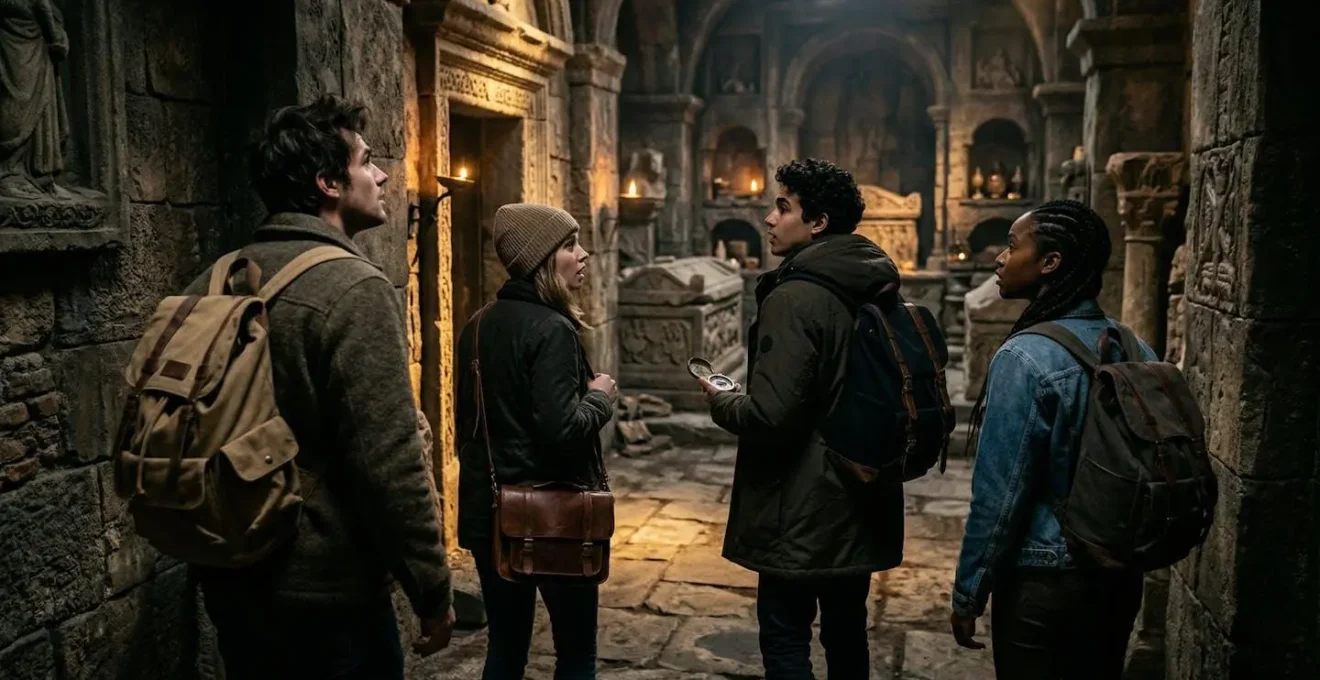 Groupe d'amis de profil captivés par un décor élaboré dans une salle d'évasion, lumière dramatique en contre-jour