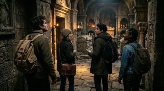 Groupe d'amis de profil captivés par un décor élaboré dans une salle d'évasion, lumière dramatique en contre-jour