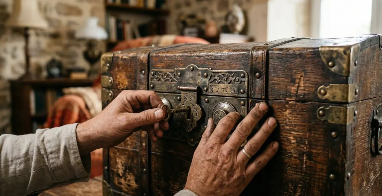 Mains manipulant un coffre ancien en bois et métal dans un décor d'escape game, textures patinées visibles